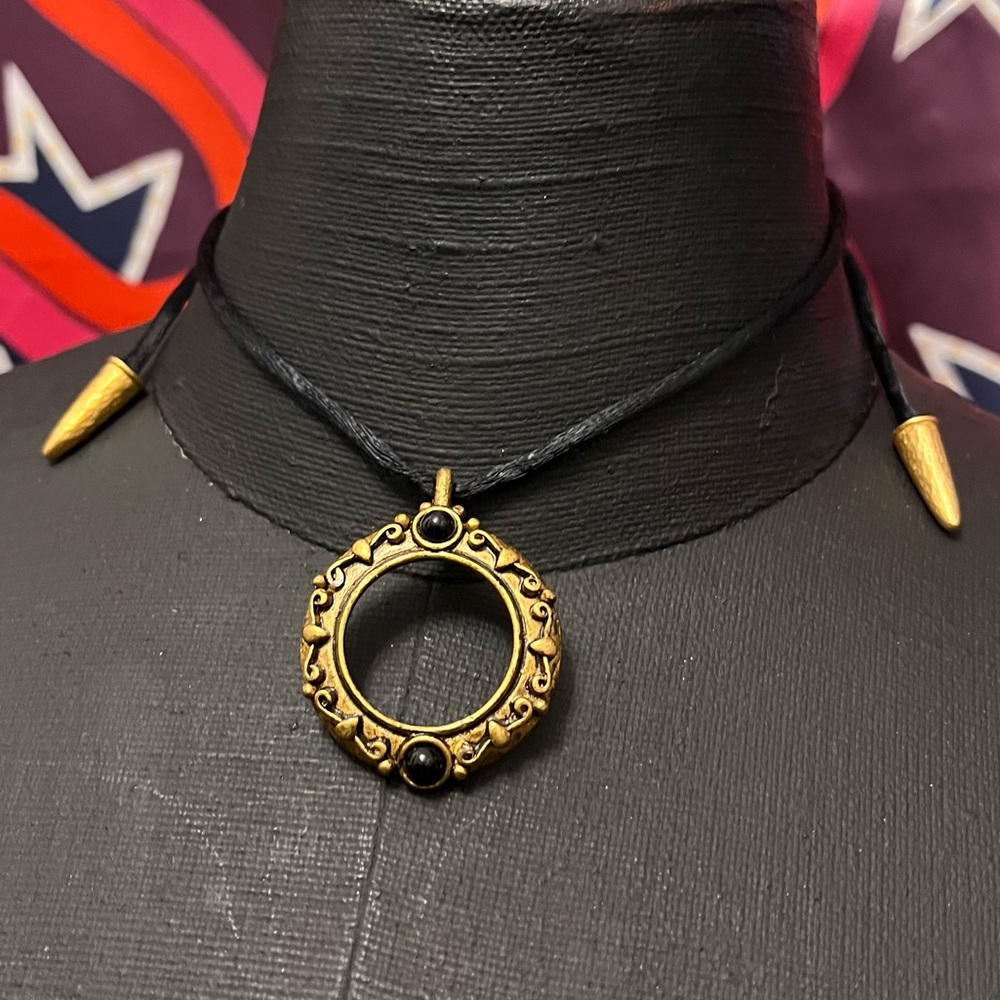 Vintage Leslie Block Gold Circle Black Cord Tie Stones Pendant Etruscan Spikes
